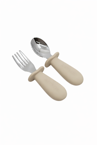 MYMINI Pierwsze sztućce silikonowe dla niemowląt z ogranicznikiem BLW - beige