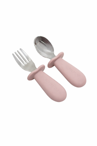 MYMINI Pierwsze sztućce silikonowe dla niemowląt z ogranicznikiem BLW - pudrowy róż