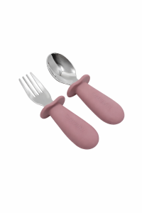 Sztućce silikonowe dla niemowląt z ogranicznikiem BLW ciemny róż MyMini